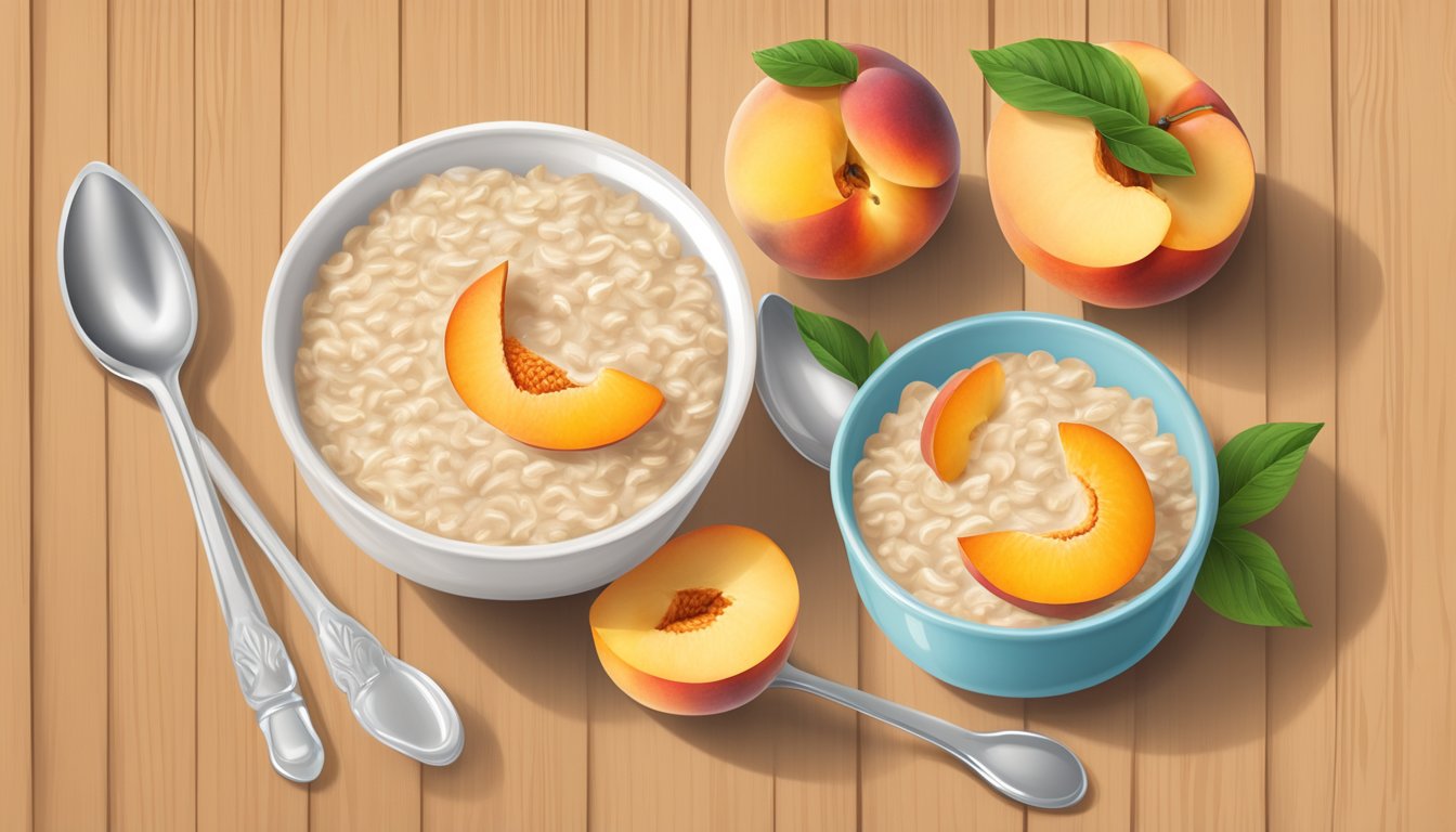 A bowl of Earth's Best Organic Whole Grain Oatmeal Peach Infant Cereal with fresh peach slices on a wooden table, surrounded by a spoon and a glass of milk