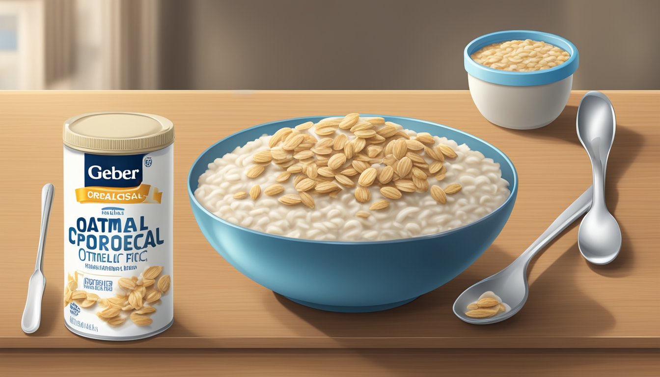 A bowl of oatmeal cereal with a spoon and a container of Gerber DHA probiotic oatmeal cereal on a table