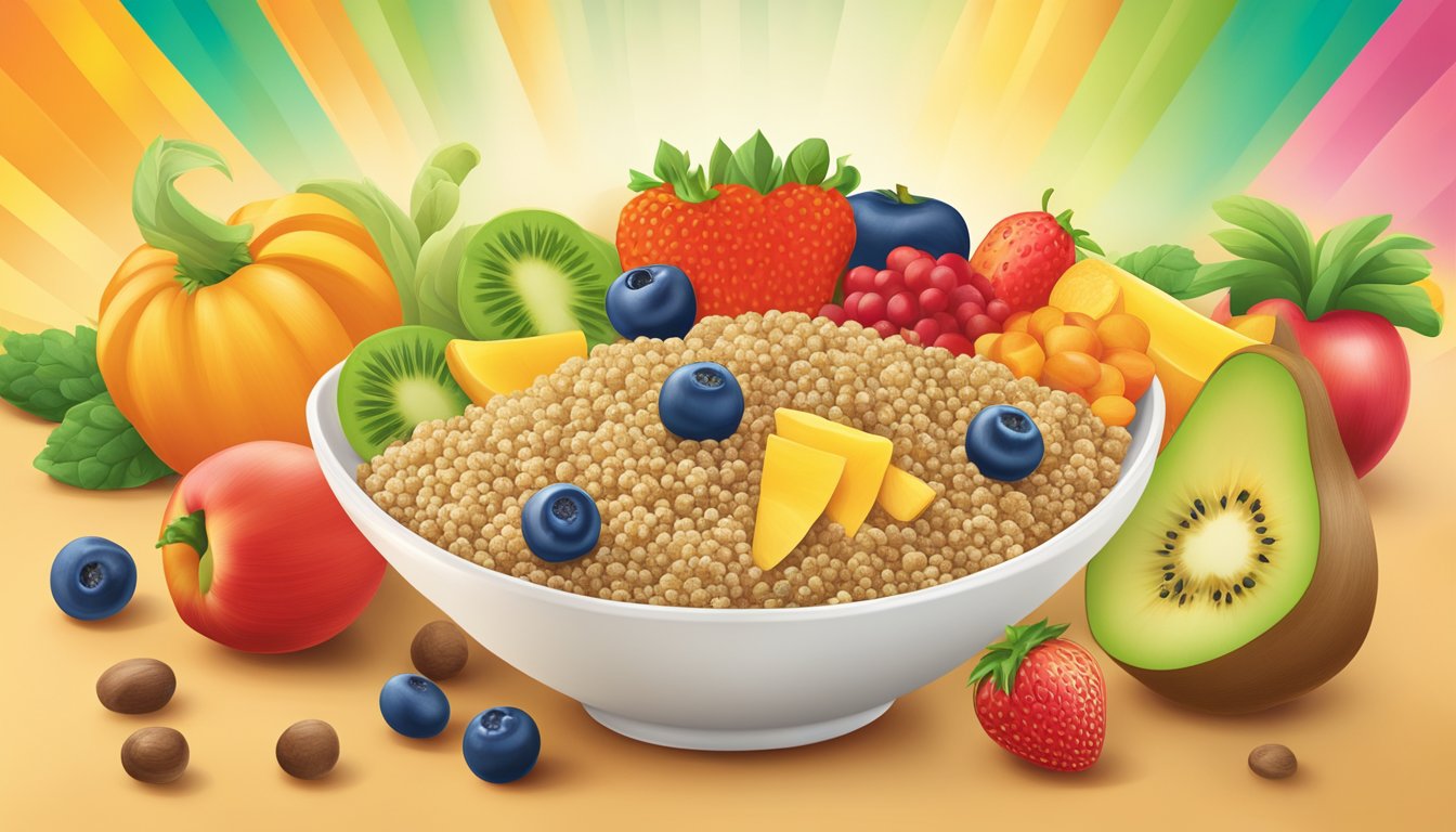 A bowl of Earth's Best organic whole grain quinoa infant cereal surrounded by colorful fruits and vegetables, with a bright and inviting background