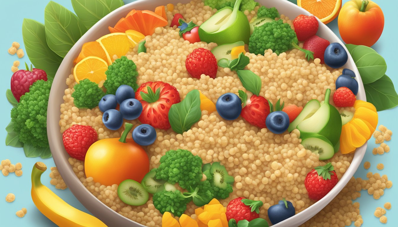 A colorful bowl of Earth's Best organic whole grain quinoa infant cereal surrounded by fresh fruits and vegetables