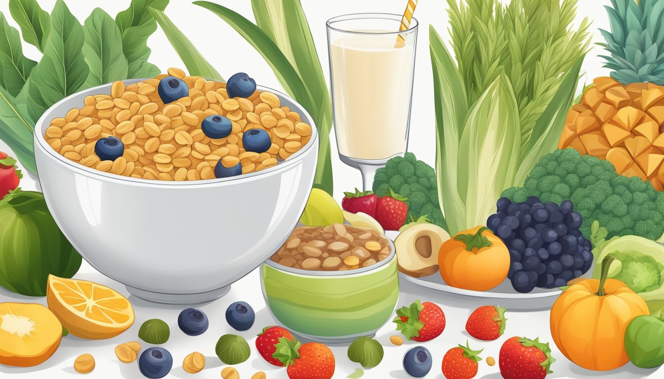 A colorful bowl of plant-based cereal surrounded by various fruits and vegetables, with a glass of milk or plant-based milk alternative on the side