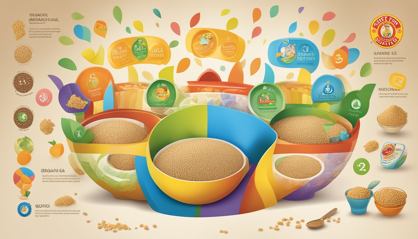 A colorful bowl of Earth's Best organic whole grain quinoa infant cereal surrounded by images of safety and quality standards symbols