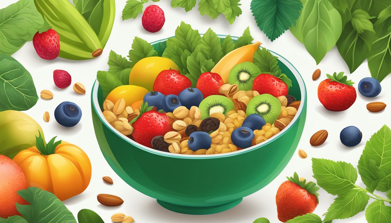 A colorful bowl filled with a variety of fruits, vegetables, nuts, and seeds, surrounded by vibrant green leaves and plant-based cereal scattered around