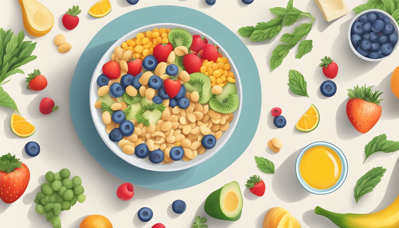 A bowl of colorful plant-based cereal surrounded by various fruits and vegetables, with a glass of milk on the side