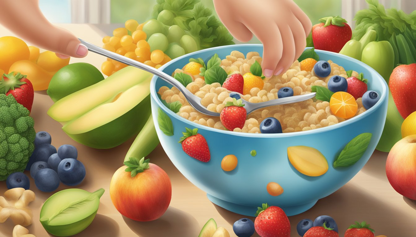 A spoonful of Earth's Best organic infant cereal being poured into a bowl, surrounded by fresh fruits and vegetables