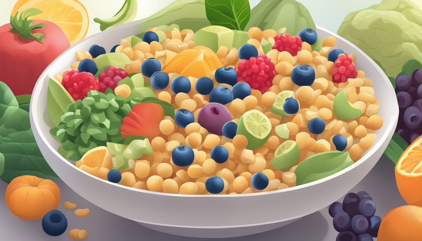 A bowl of plant-based toddler cereal surrounded by various fruits and vegetables, with a spotlight shining on the key ingredients