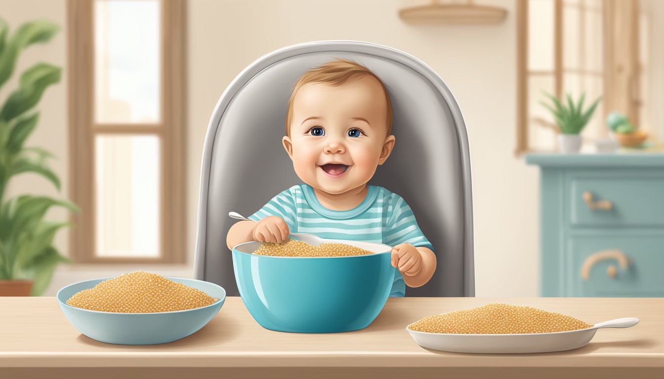 A baby's high chair with a bowl of Earth's Best organic whole grain quinoa infant cereal and a spoon next to it