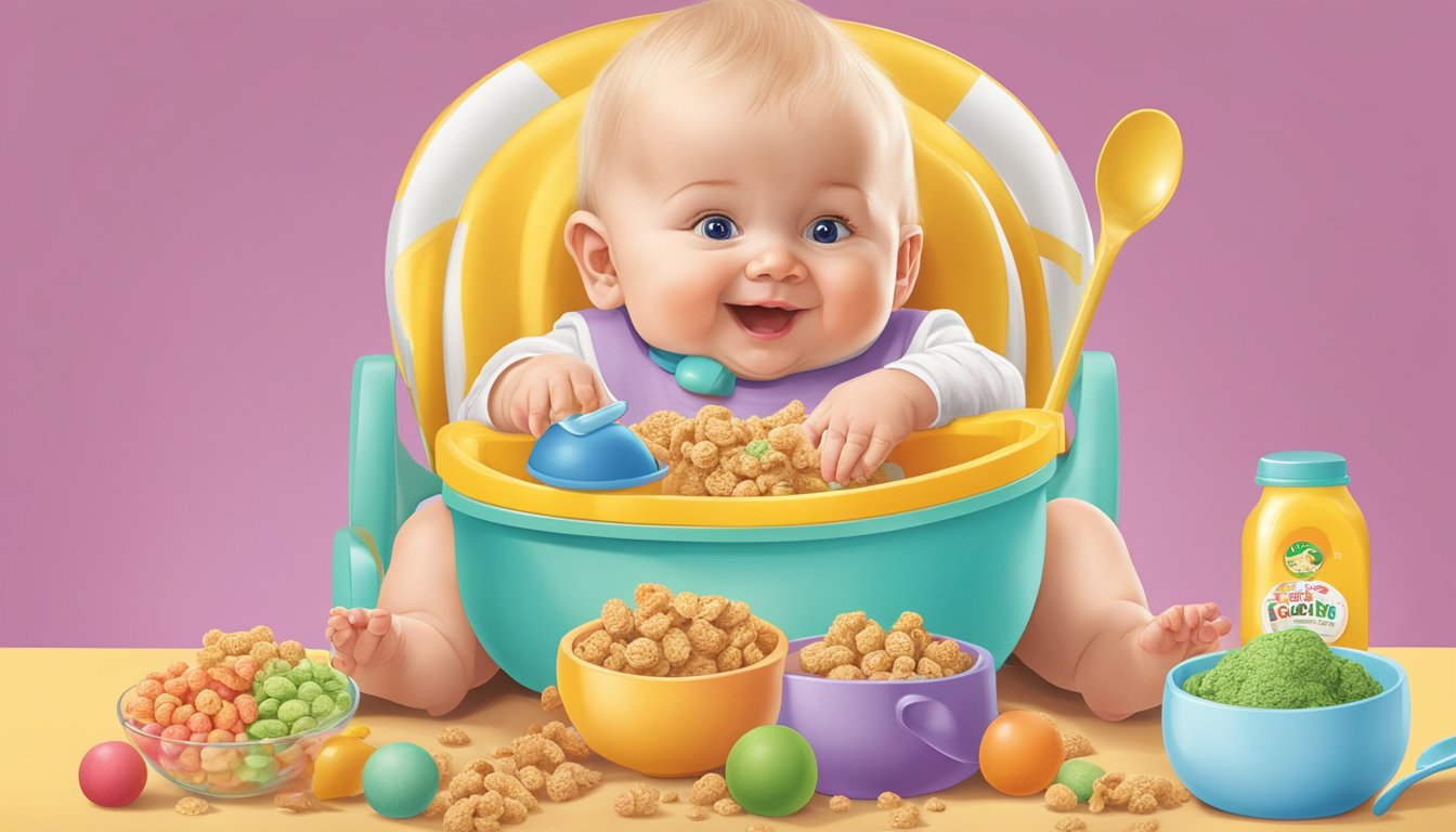 A baby sitting in a highchair, eagerly reaching for a spoonful of Earth's Best Organic Infant Cereal, surrounded by colorful and stimulating toys