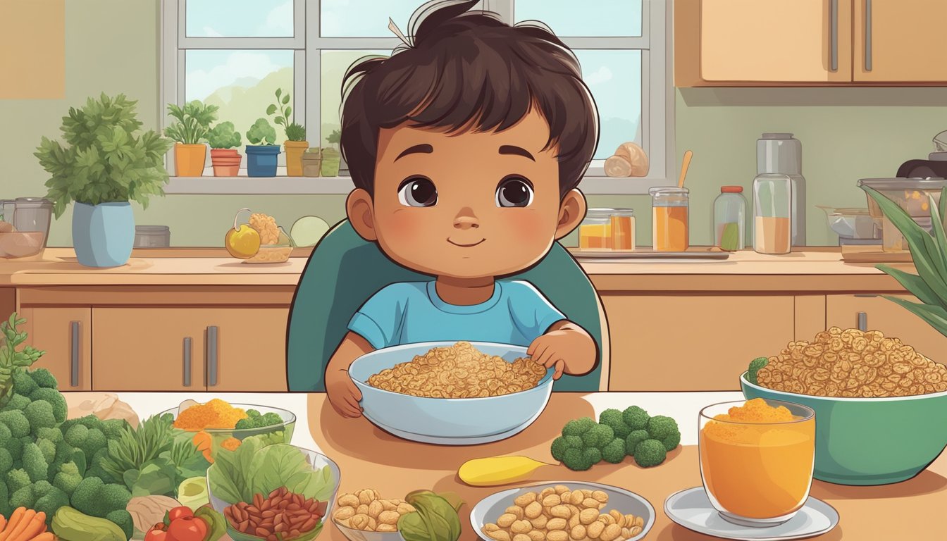 A toddler sitting at a table, surrounded by various plant-based foods and a bowl of complete nutrition cereal. The child's facial expression shows resistance to trying new foods