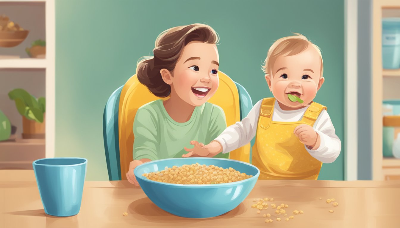 A happy baby sitting in a high chair, eagerly reaching for a bowl of Earth's Best organic infant cereal while a parent looks on with a smile