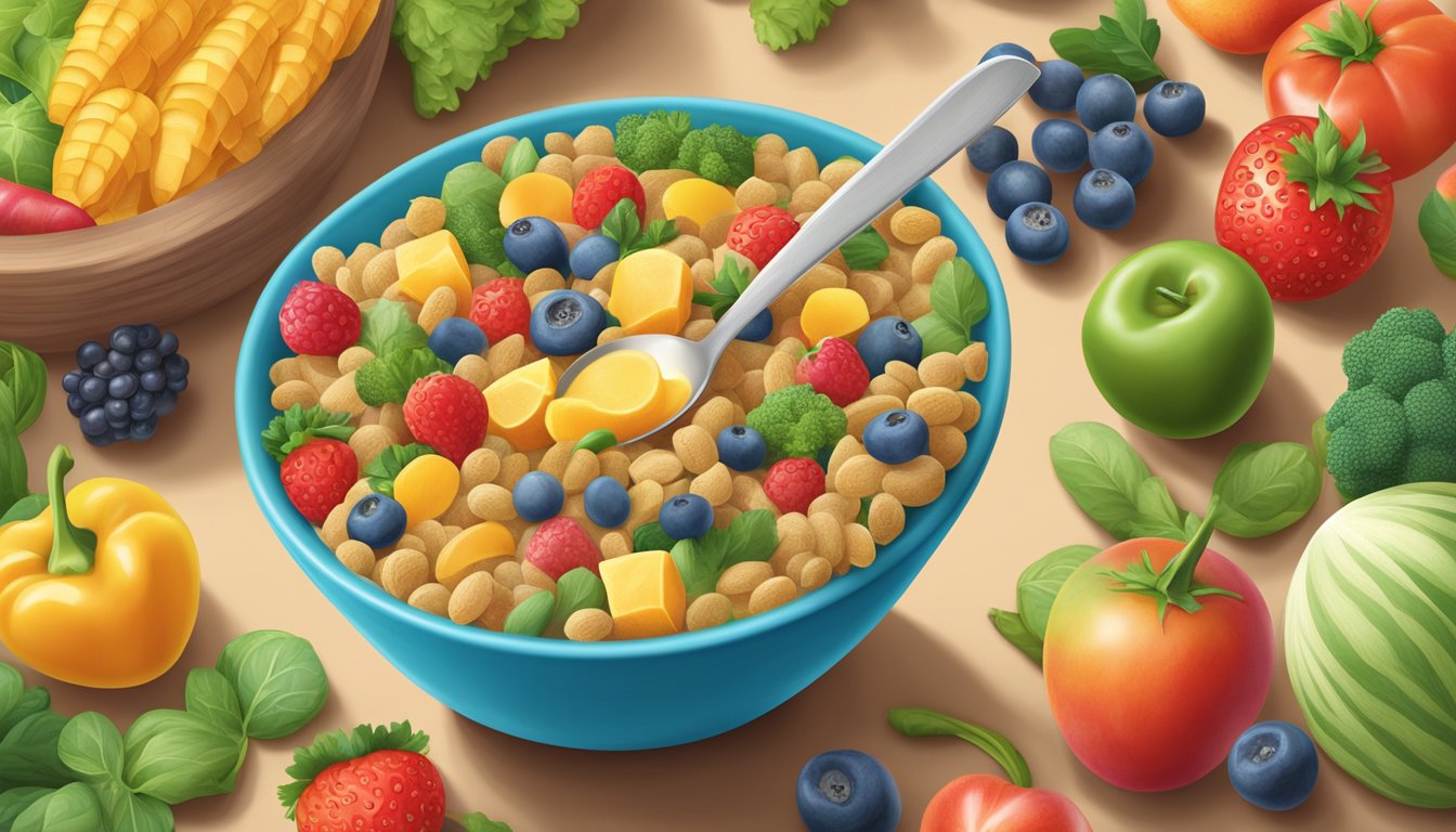 A colorful bowl of Earth's Best organic infant cereal surrounded by fresh fruits and vegetables, with a spoon resting beside it