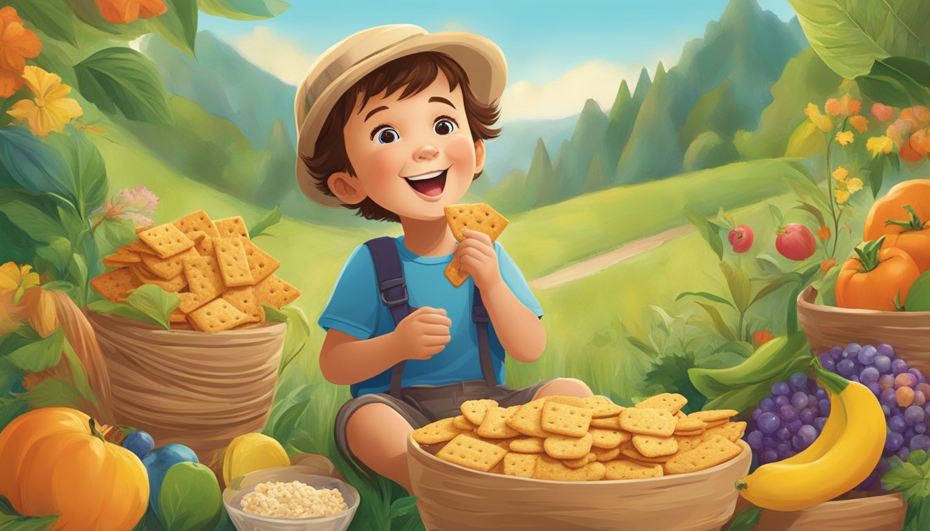 A child happily munches on Earth's Best Organic Crunchin' Crackers while surrounded by colorful, organic ingredients and a playful, nature-inspired background