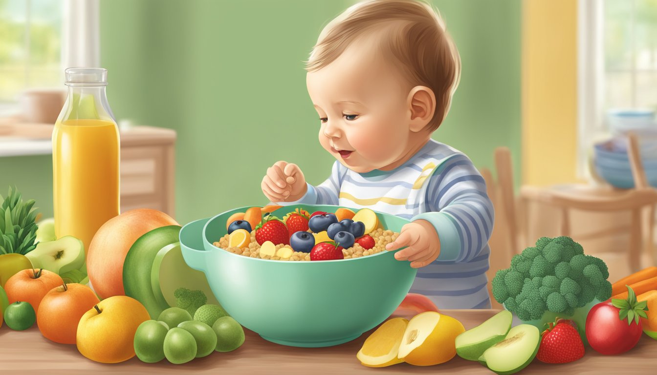 A colorful bowl of Earth's Best organic infant cereal being poured into a baby's feeding dish, surrounded by fresh fruits and vegetables