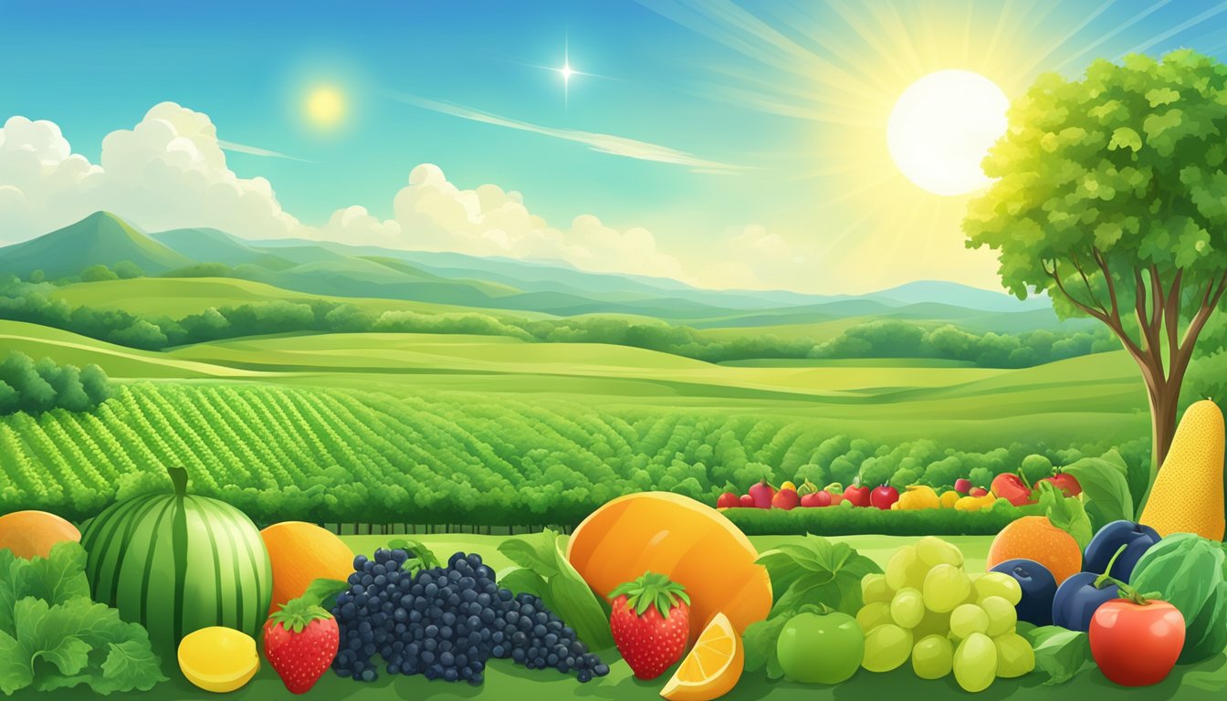 A lush green field with colorful fruits and vegetables growing, surrounded by a clear blue sky and a shining sun