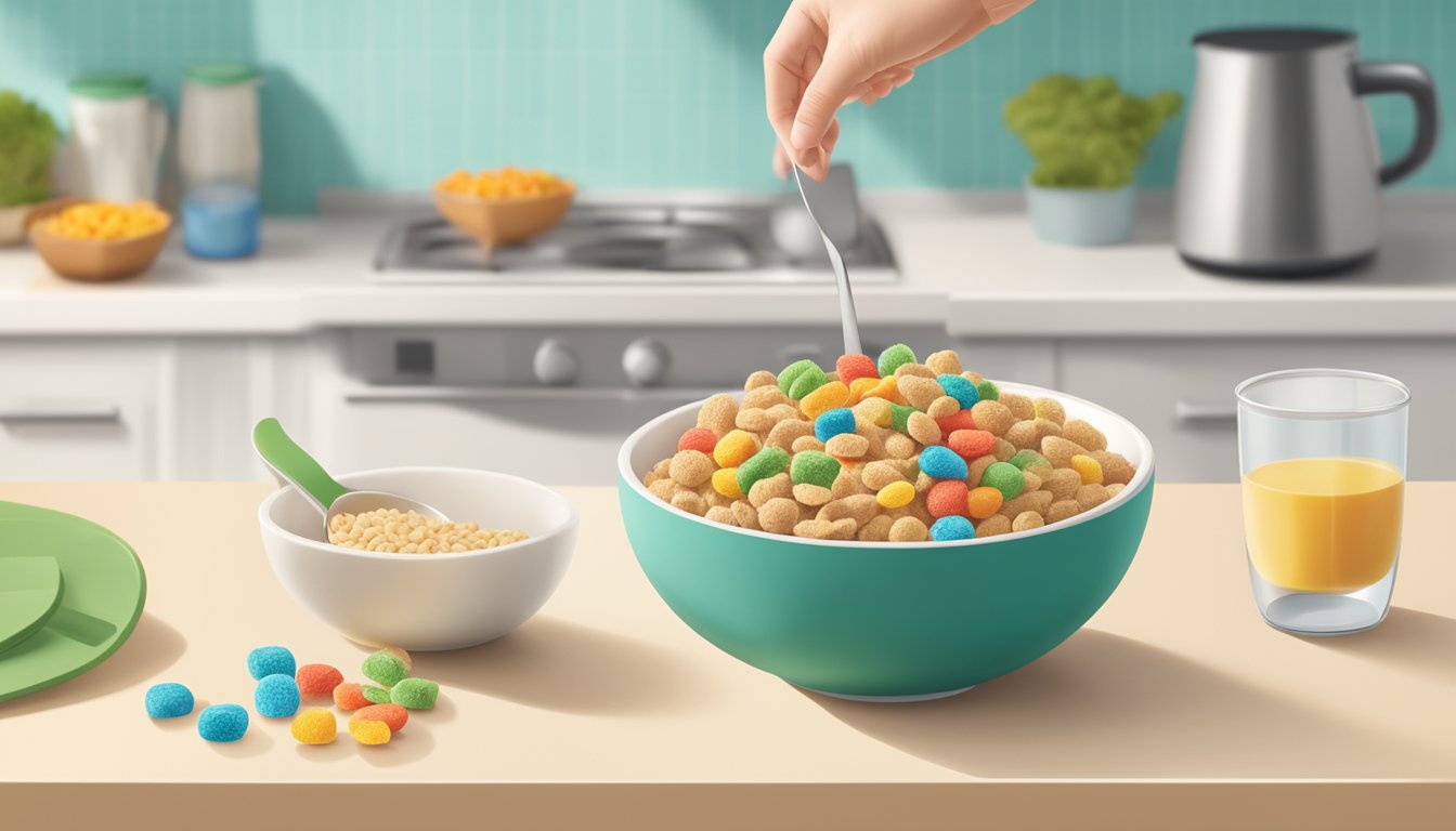 A hand pouring Earth's Best Organic Infant Cereal into a small bowl, with a box of the cereal and a spoon nearby on a clean, organized kitchen counter