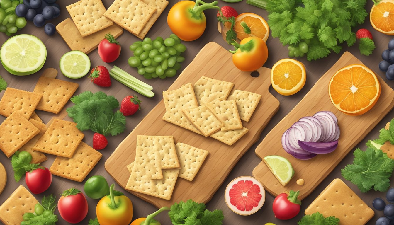 A colorful assortment of organic crackers arranged on a wooden cutting board with fresh fruits and vegetables scattered around