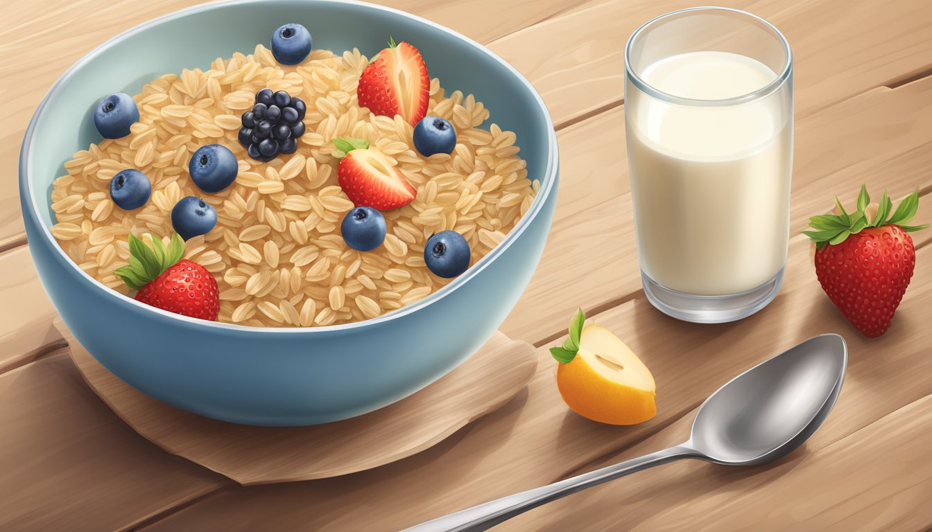 A bowl of Earth's Best Organic Whole Grain Rice Cereal surrounded by fresh fruits and a glass of milk on a wooden table