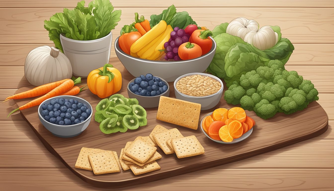 A colorful array of organic whole grain crackers surrounded by fresh fruits and vegetables on a wooden cutting board