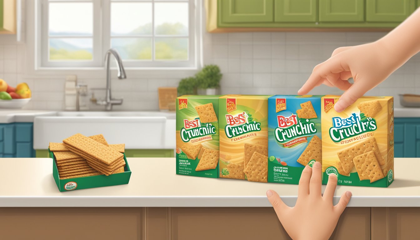 A child's hand reaching for a box of Earth's Best Organic Crunchin' Crackers on a kitchen shelf