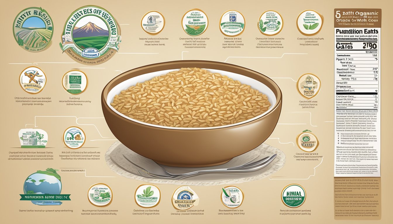 A bowl of Earth's Best Organic Whole Grain Rice Cereal surrounded by allergen and safety information symbols and warnings