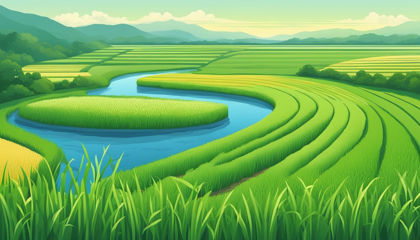 A lush green field with a clear blue sky, showcasing a healthy and sustainable rice crop. Nearby, a pristine river flows, emphasizing environmental considerations