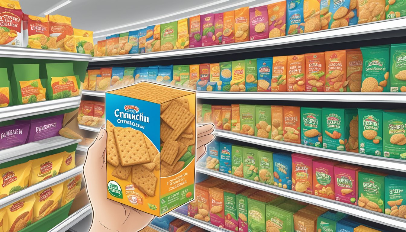 A hand reaching for a box of Earth's Best Organic Crunchin' Crackers on a supermarket shelf