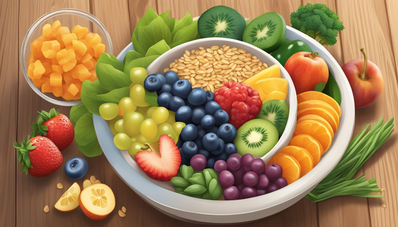 A colorful bowl of Cascadian Farm organic baby cereal surrounded by fresh fruits and vegetables on a wooden table