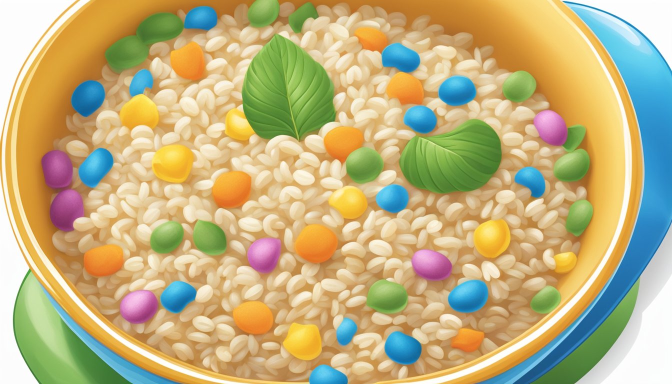 A baby's spoon scoops up Earth's Best organic whole grain rice cereal from a colorful bowl