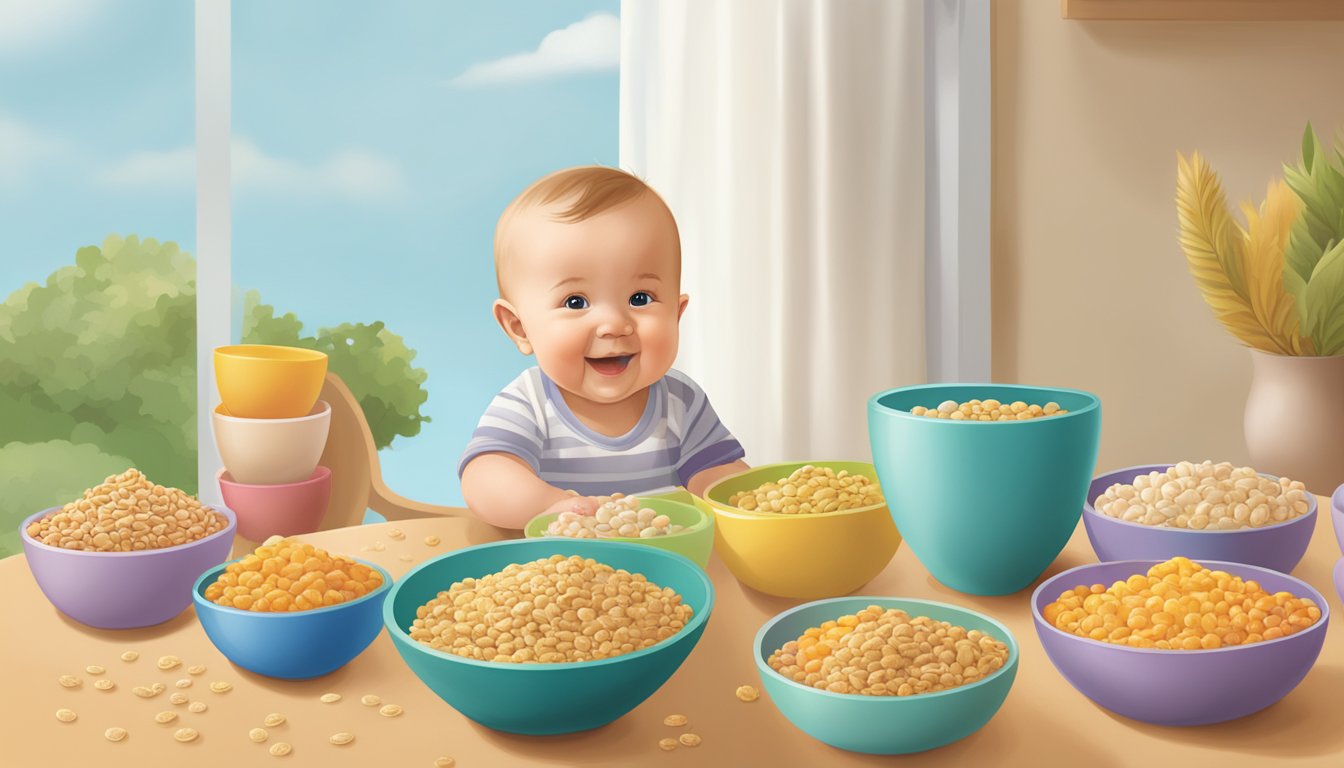 A happy baby surrounded by colorful bowls of Cascadian Farm organic baby cereal