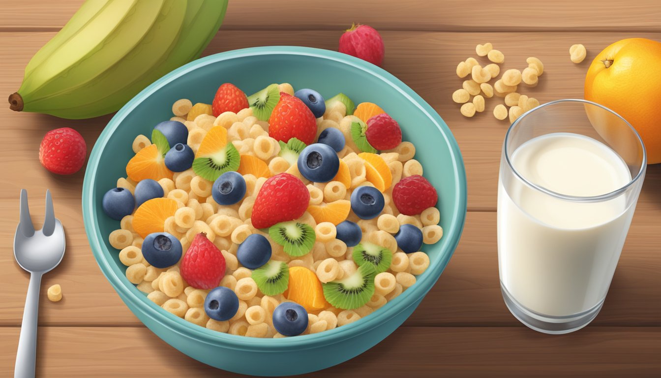 A bowl of Cascadian Farm organic baby cereal surrounded by fresh fruits and a glass of milk on a wooden table