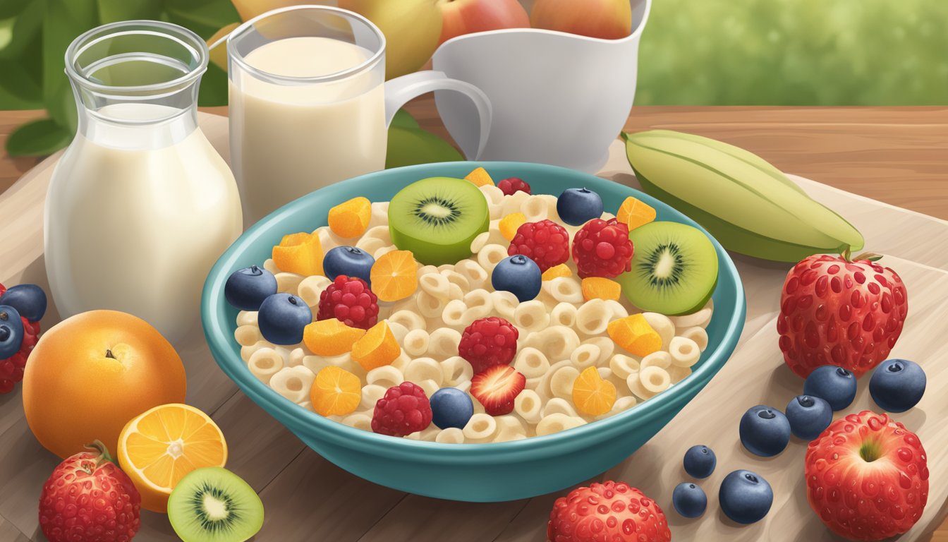 A bowl of Cascadian Farm organic baby cereal surrounded by fresh fruits and a jug of milk