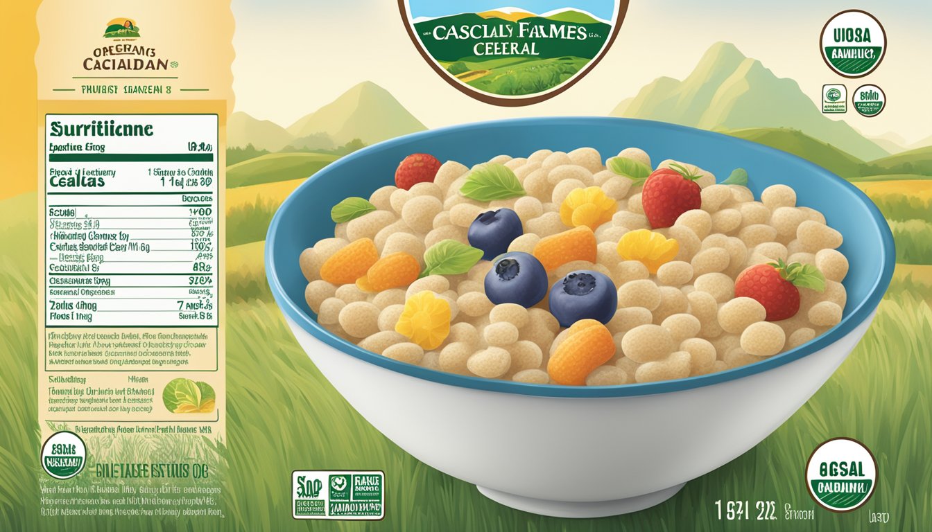 A bowl of Cascadian Farm organic baby cereal with allergen information and dietary details displayed on the packaging label