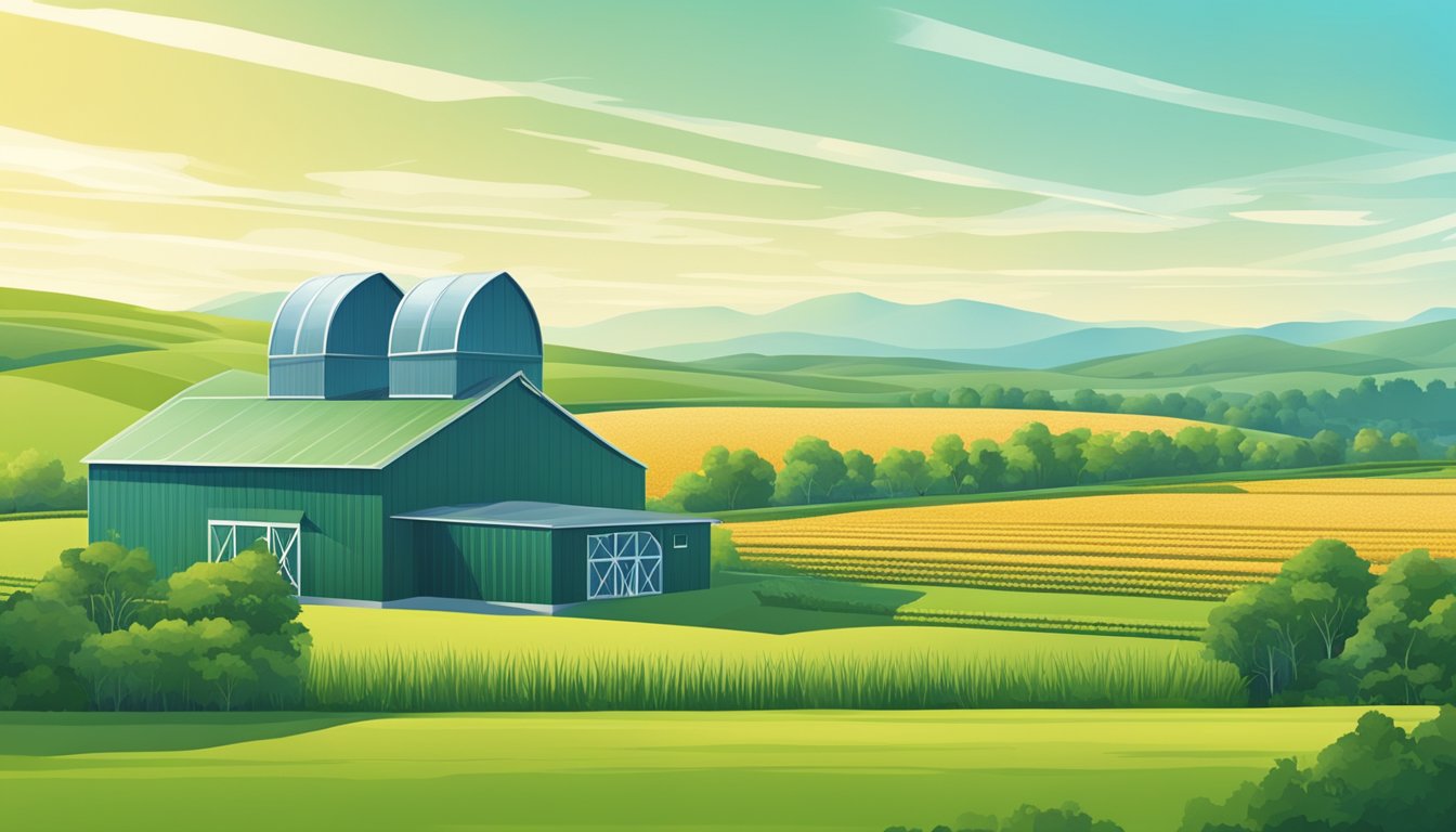 A lush, green farm with rolling fields of grain and a clear blue sky above. A small, modern company facility sits nestled among the fields