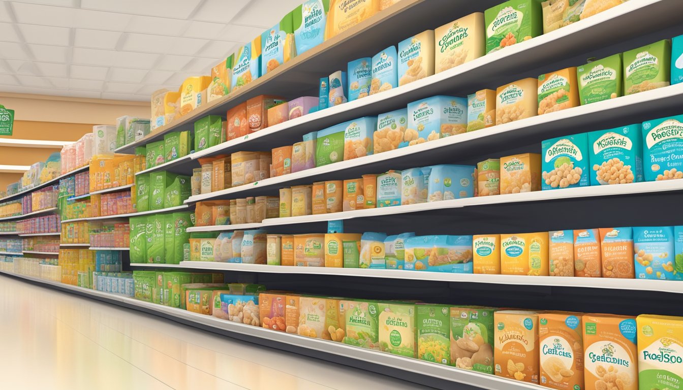 A colorful box of Cascadian Farm organic baby cereal sits on a shelf next to other baby food products in a well-stocked grocery store aisle