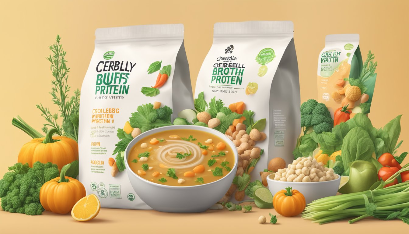 A bowl of Cerebelly bone broth protein puffs surrounded by colorful packaging and natural ingredients like vegetables and herbs