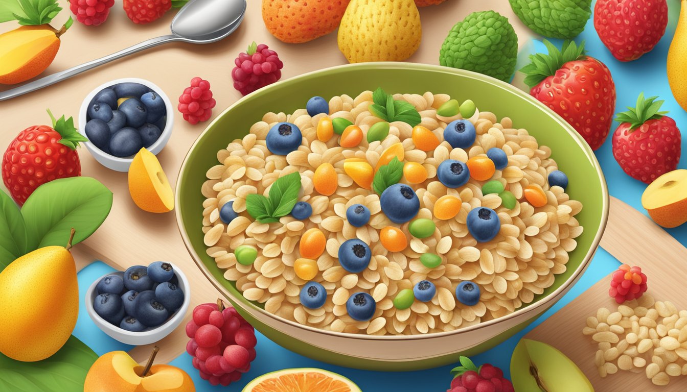 A bowl of Earth's Best organic whole grain barley baby cereal surrounded by colorful fruits and a spoon