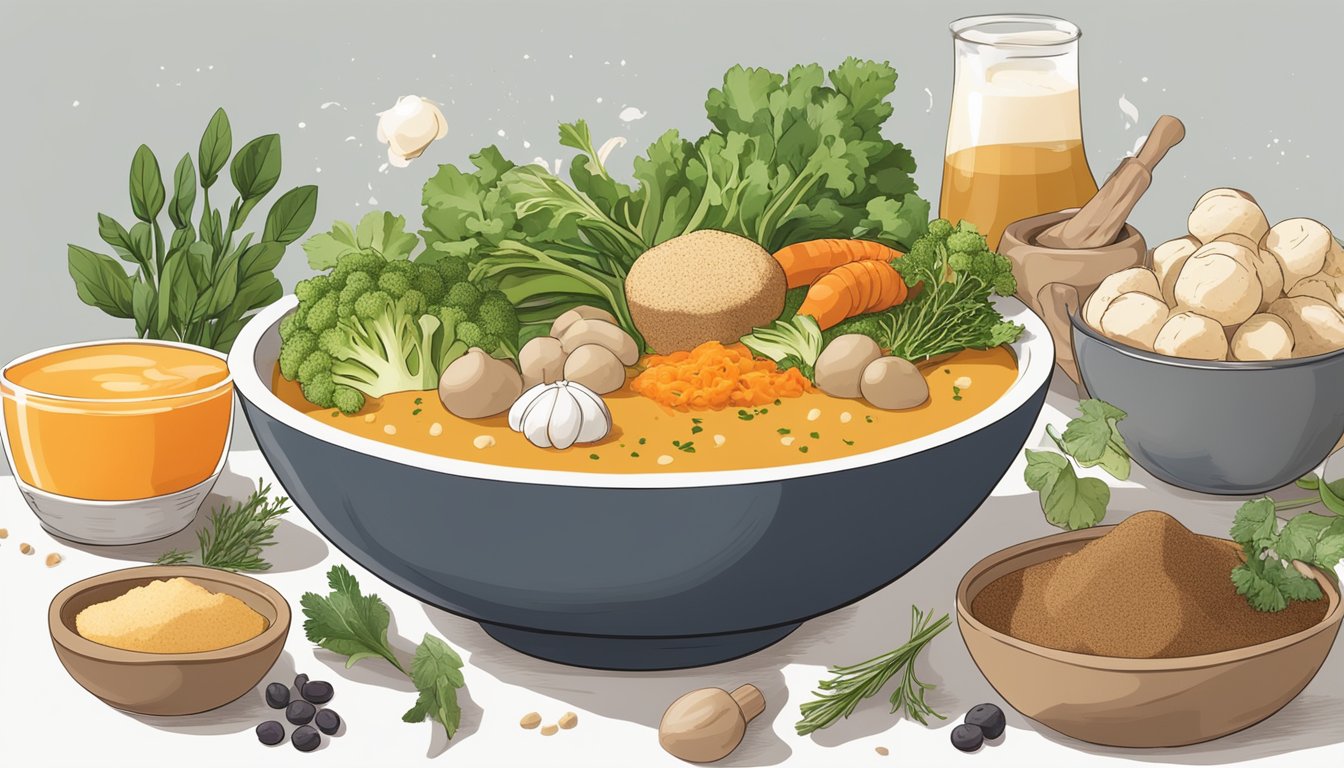 A steaming bowl of bone broth protein puffs surrounded by various ingredients like vegetables, herbs, and spices, evoking a sense of warmth and nourishment