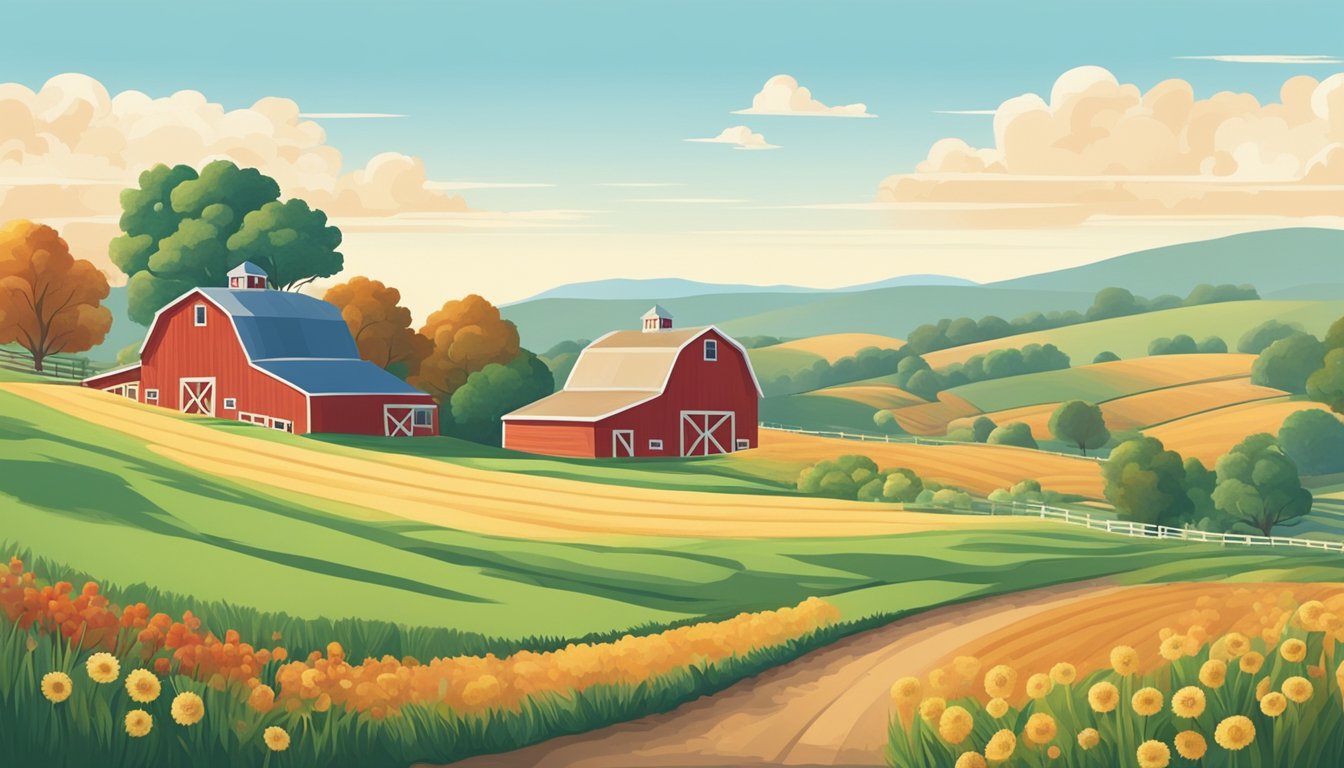 A peaceful farm scene with rolling fields, a red barn, and a clear blue sky. A gentle breeze rustles the organic baby cereal plants