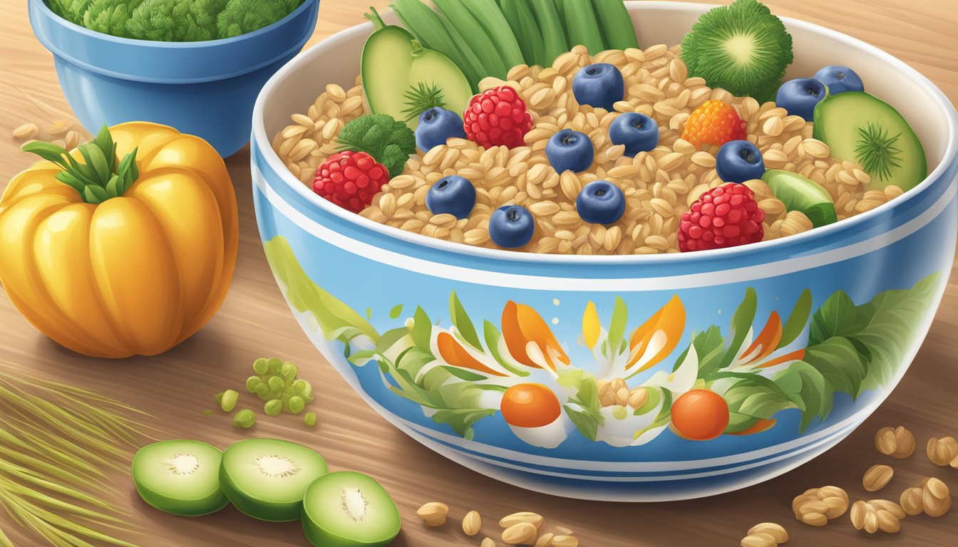 A bowl of Earth's Best organic whole grain barley baby cereal surrounded by fresh fruits and vegetables