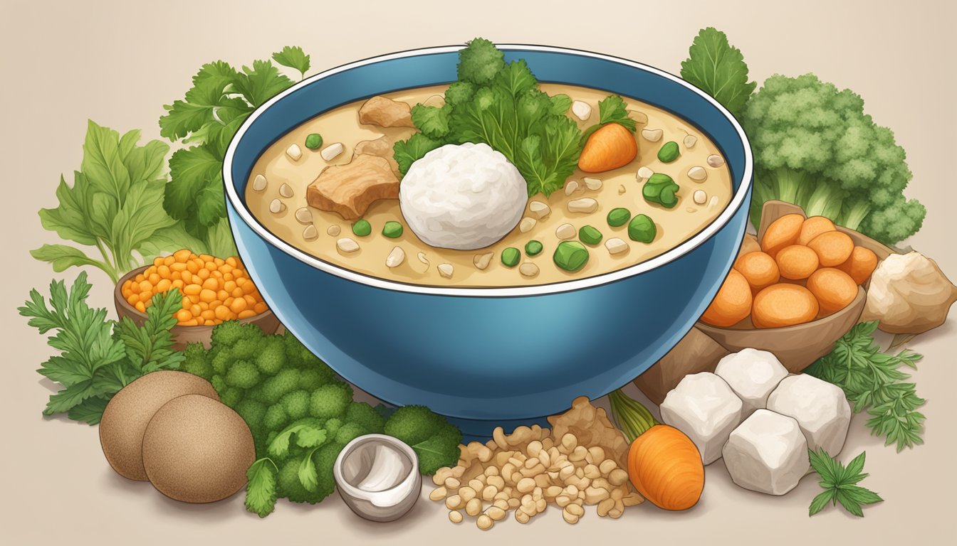 A bowl of Protein Puffs cerebelly bone broth protein puffs surrounded by scattered ingredients like bones, vegetables, and herbs