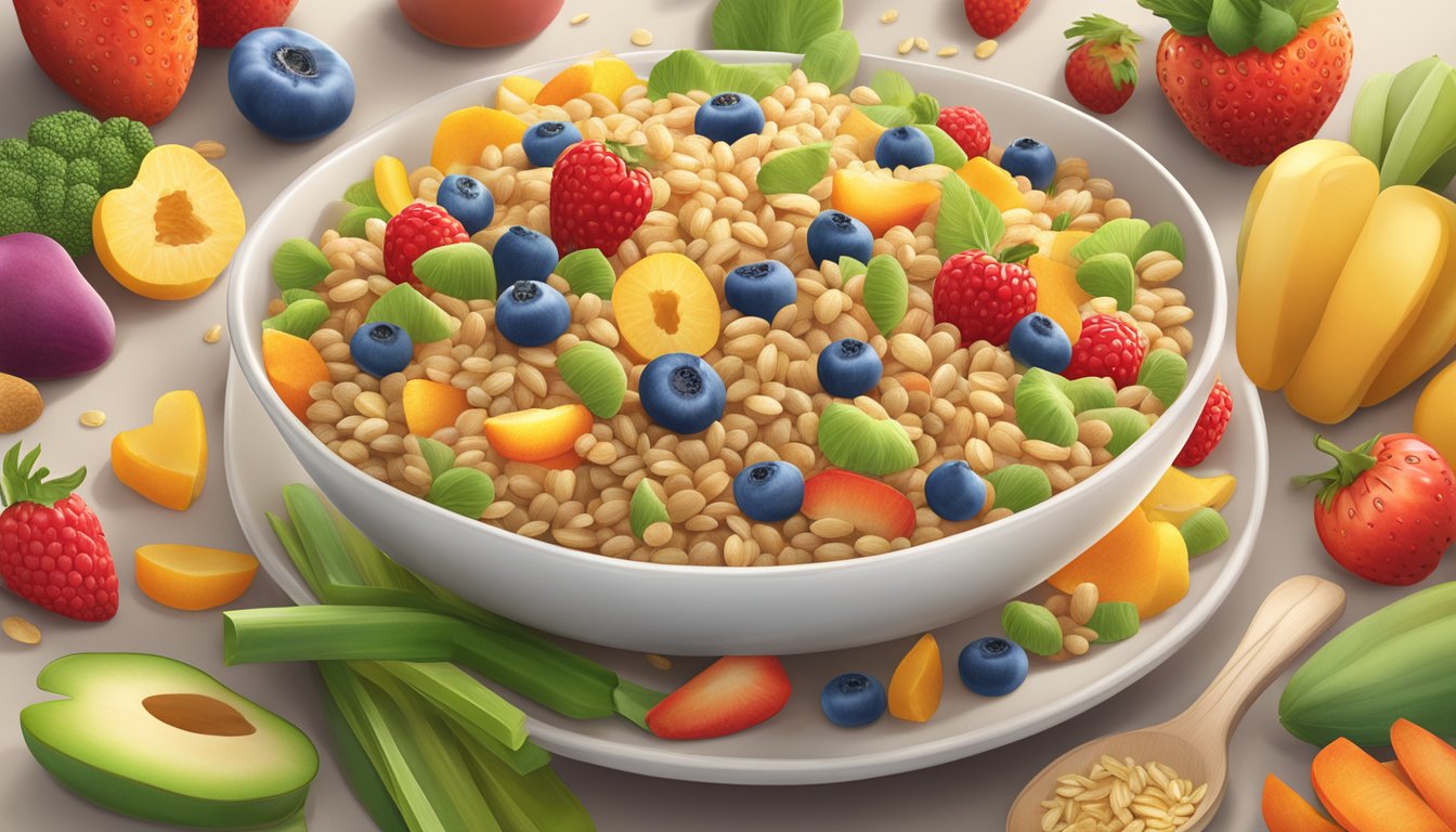 A bowl of Earth's Best organic whole grain barley baby cereal surrounded by fresh, colorful fruits and vegetables