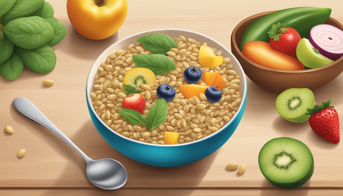 A bowl of Earth's Best organic whole grain barley baby cereal surrounded by fresh fruits and vegetables, with a spoon nearby