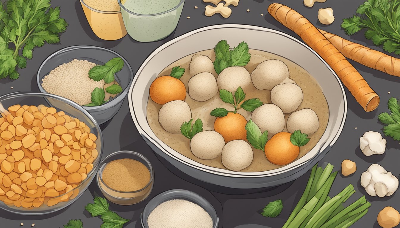 A bowl of bone broth protein puffs surrounded by fresh ingredients and safety certifications