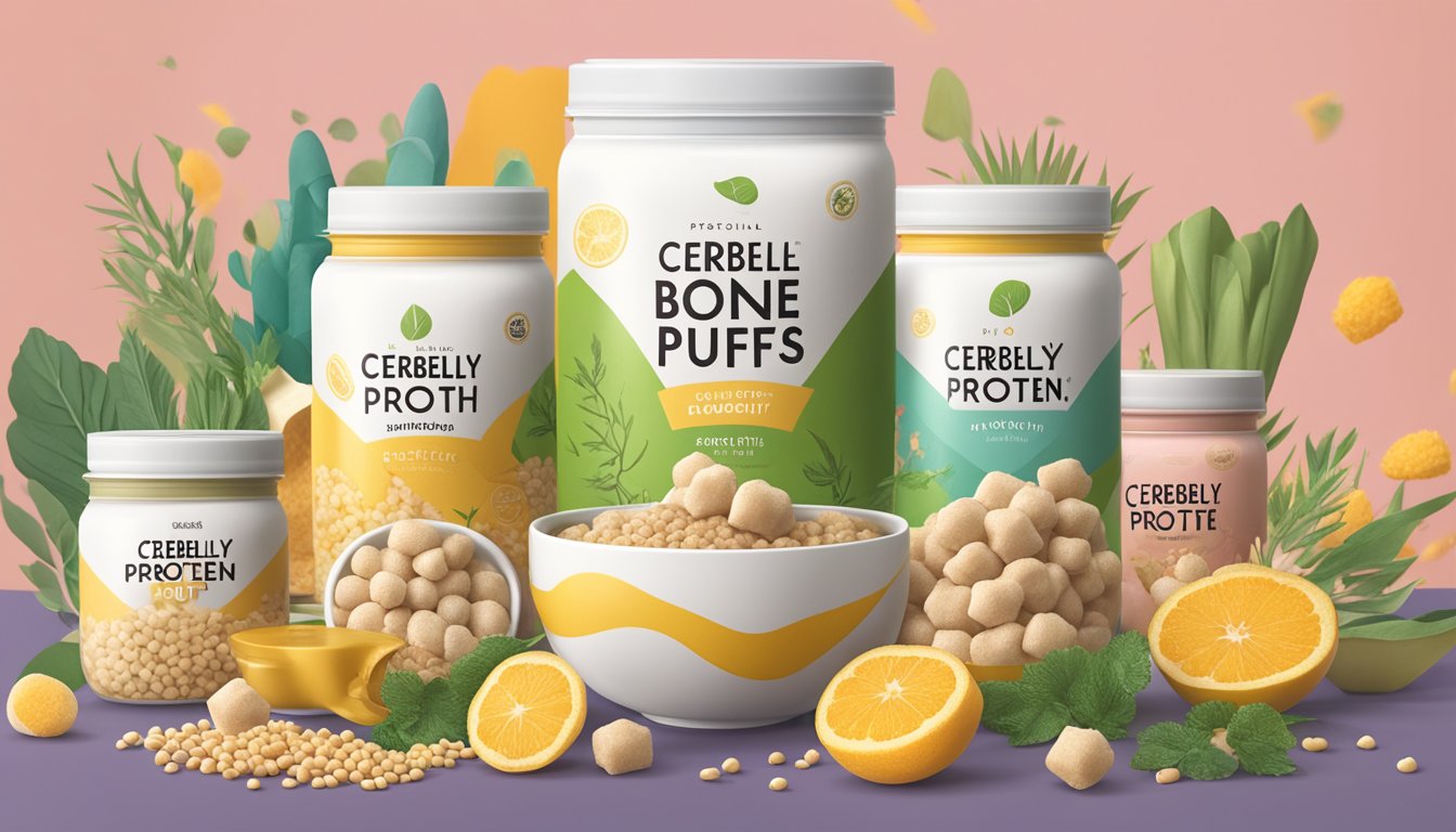 A bowl of cerebelly bone broth protein puffs surrounded by colorful packaging and natural ingredients