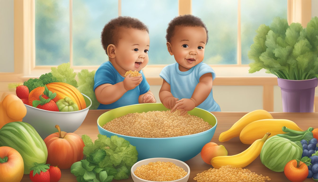 A baby reaching for a bowl of Earth's Best organic whole grain barley baby cereal, surrounded by colorful fruits and vegetables