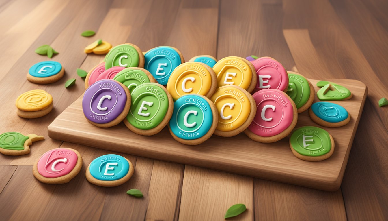 A colorful array of organic letter-shaped cookies arranged on a wooden cutting board with a prominent "certified organic" seal