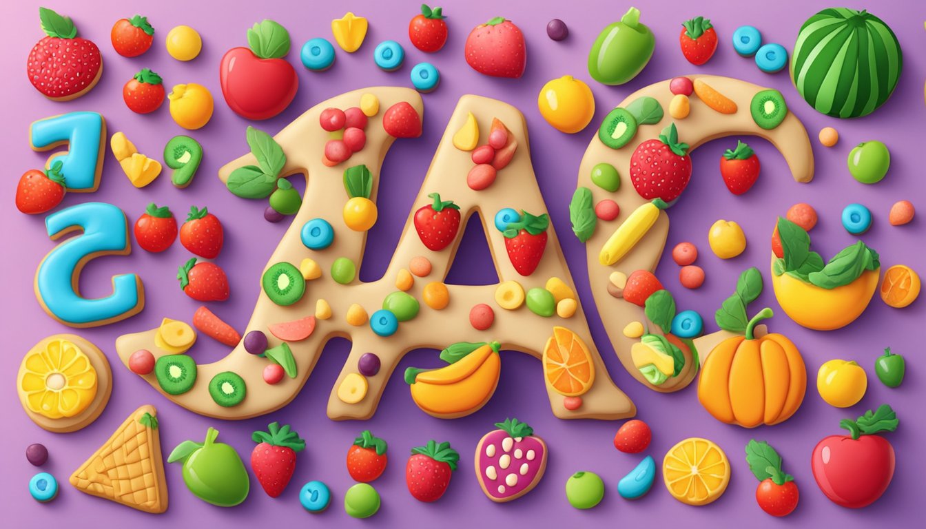 A colorful array of alphabet-shaped cookies surrounded by fresh fruits and vegetables