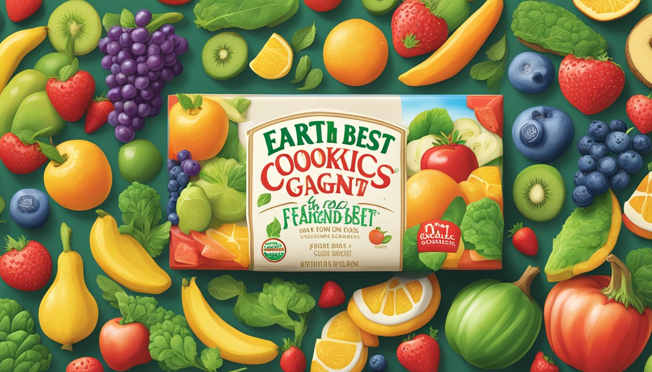 A colorful package of Earth's Best Organic Letter of the Day cookies surrounded by various fruits and vegetables