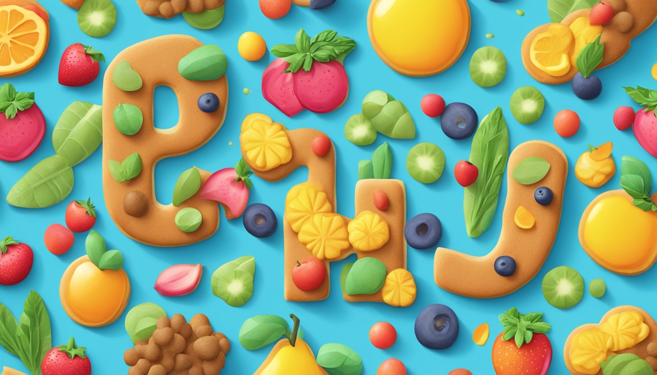 A sunny field with colorful, organic letter-shaped cookies scattered among vibrant fruits and vegetables. A clear blue sky overhead