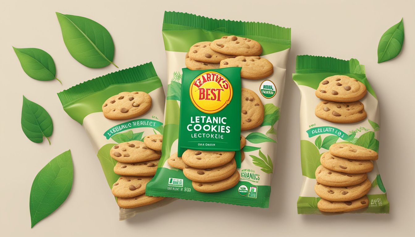 A stack of Earth's Best Organic Letter of the Day cookies surrounded by recyclable packaging and green leaves